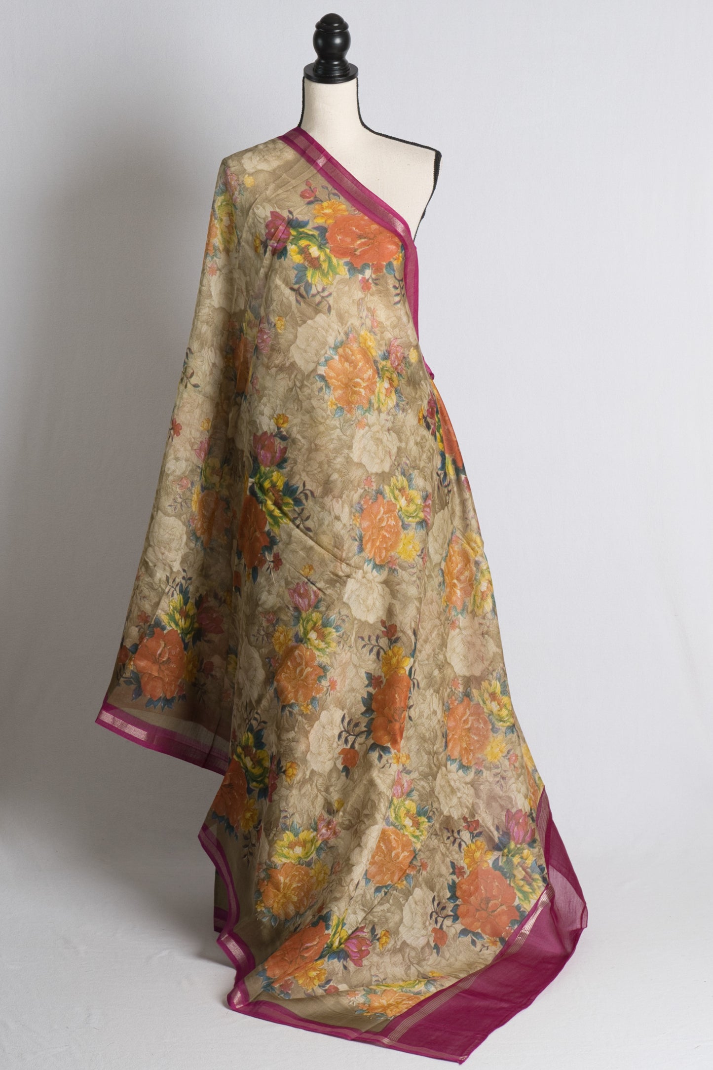 Pure Cotton Chanderi Block Printed Saree in Brown and Purple.