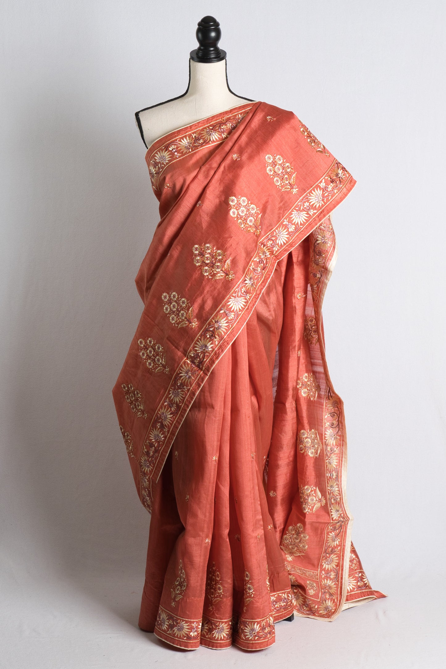 Blended Tussar Embroidery Saree in Rust.