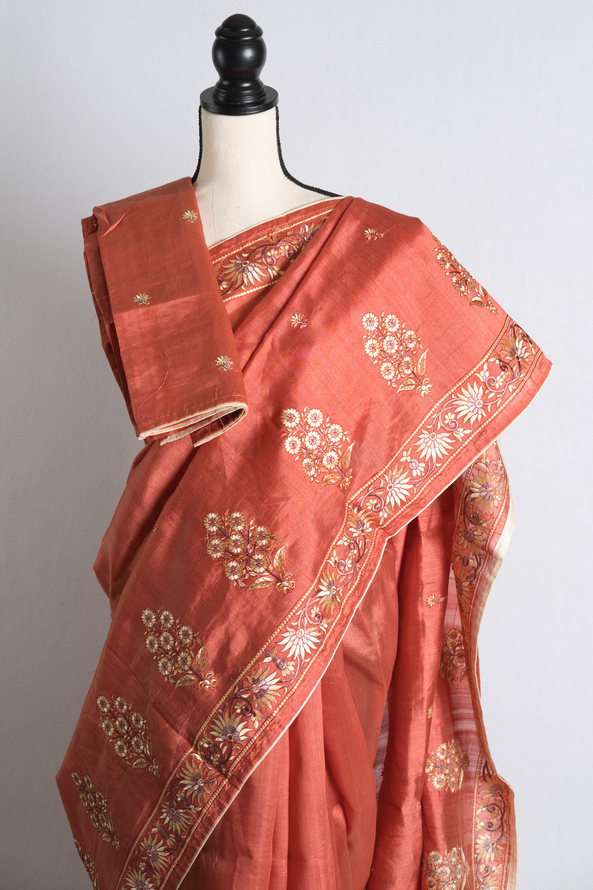 Blended Tussar Embroidery Saree in Rust.