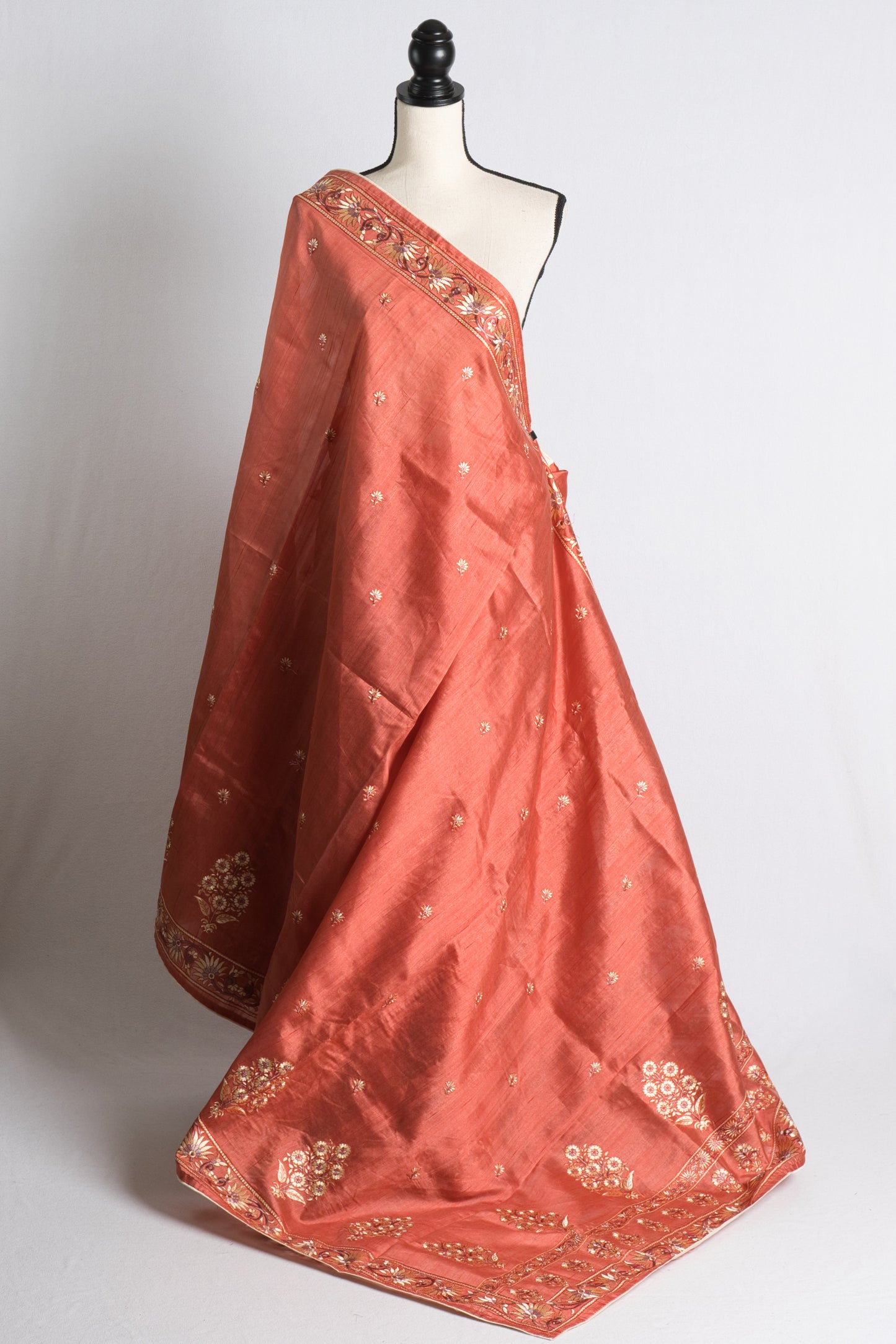 Blended Tussar Embroidery Saree in Rust.