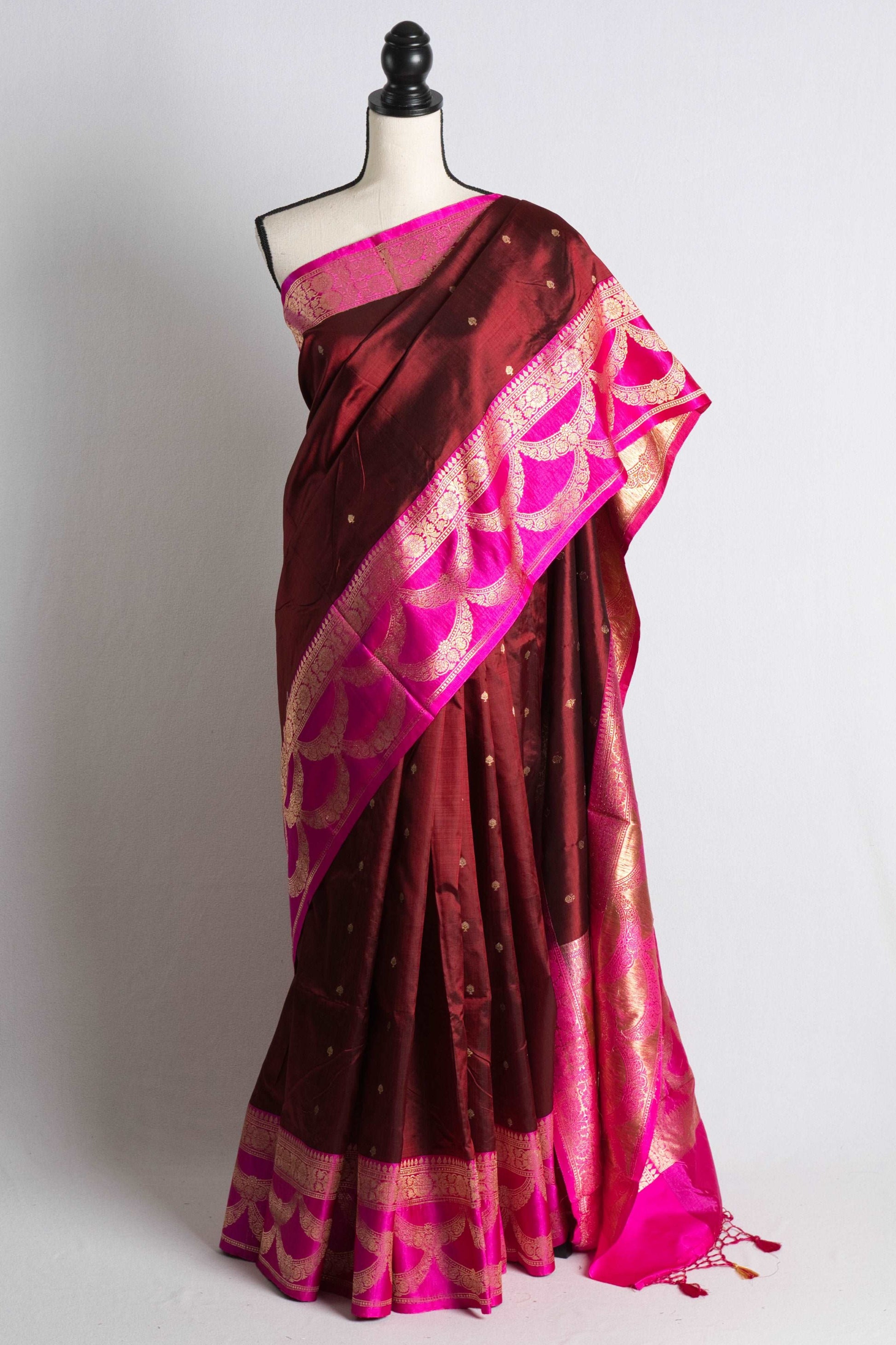 Pure Katan Banarasi Silk Saree in Brownish Maroon and Magenta