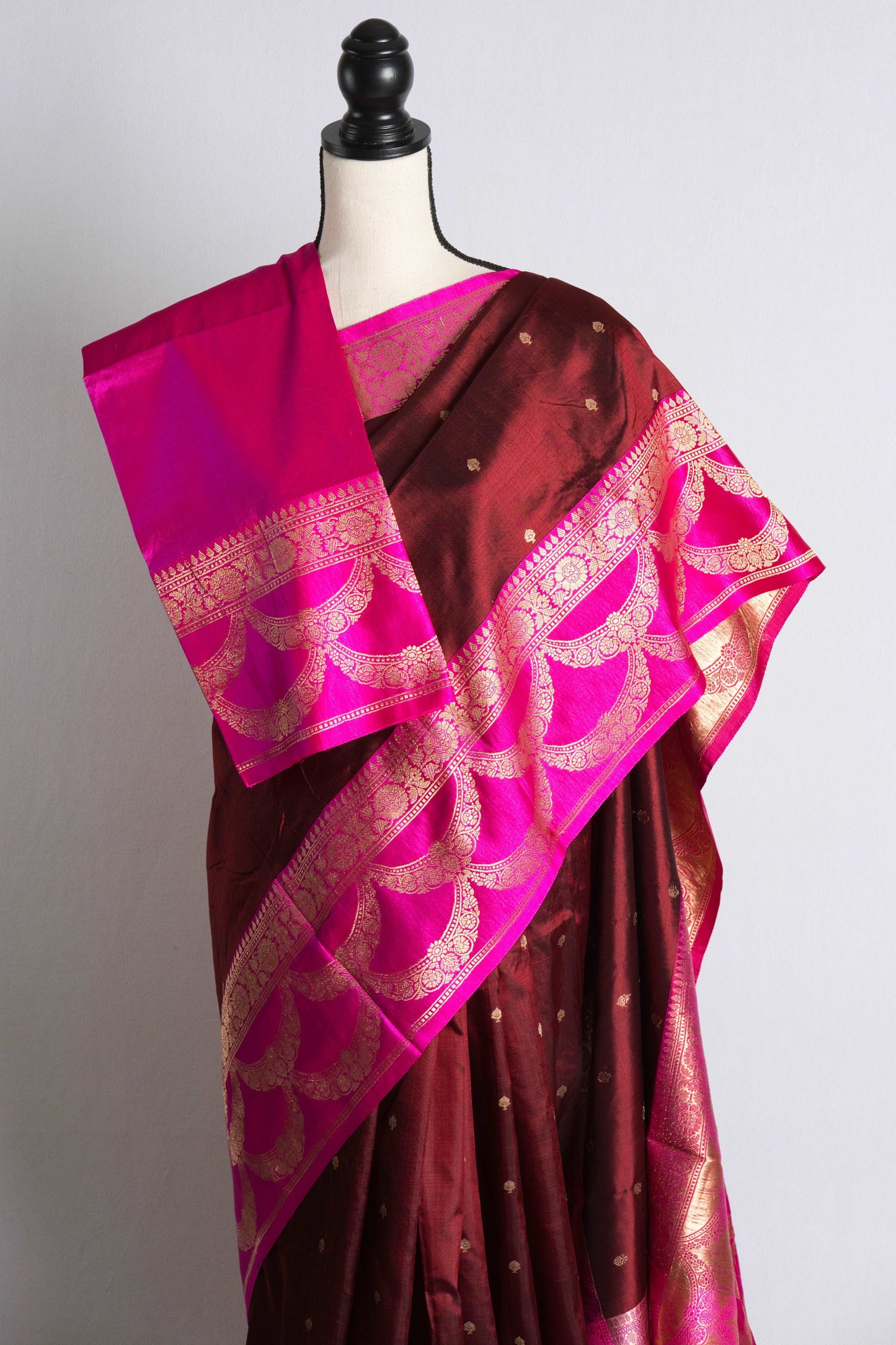 Pure Katan Banarasi Silk Saree in Brownish Maroon and Magenta