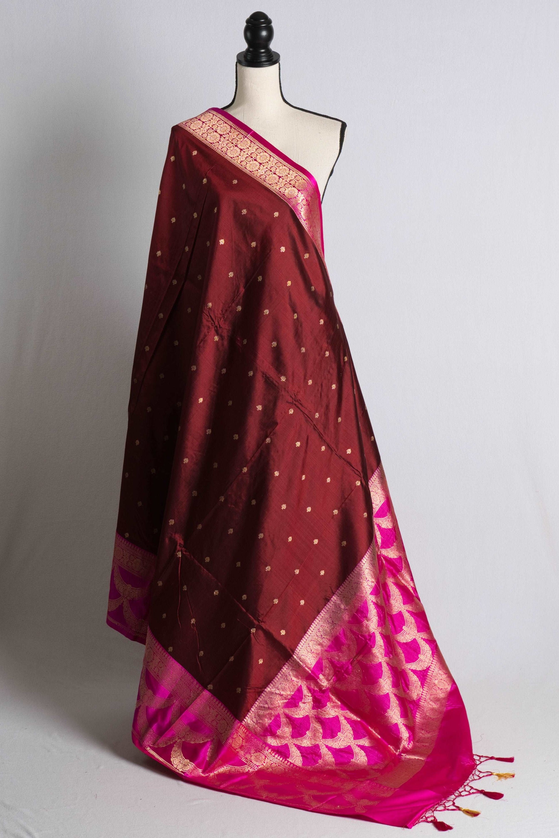 Pure Katan Banarasi Silk Saree in Brownish Maroon and Magenta