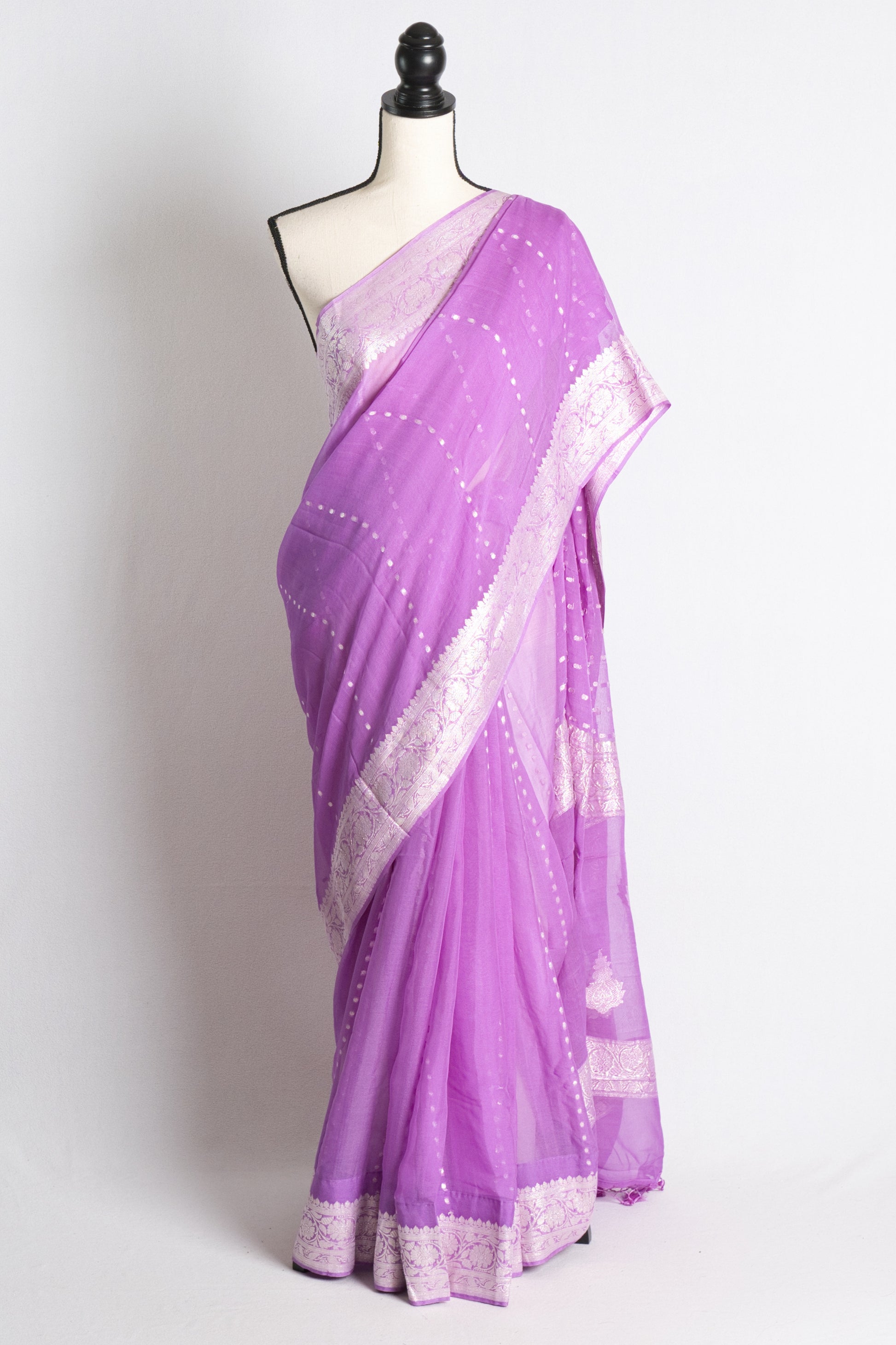 Silk Chiffon Banarasi Saree in Lilac and Silver.