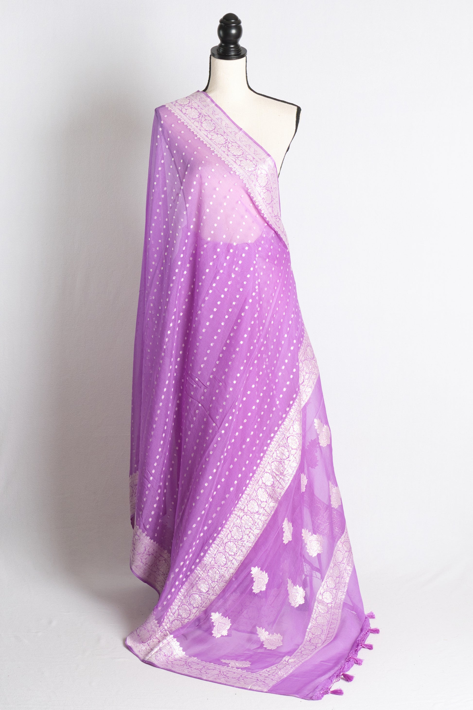 Silk Chiffon Banarasi Saree in Lilac and Silver.