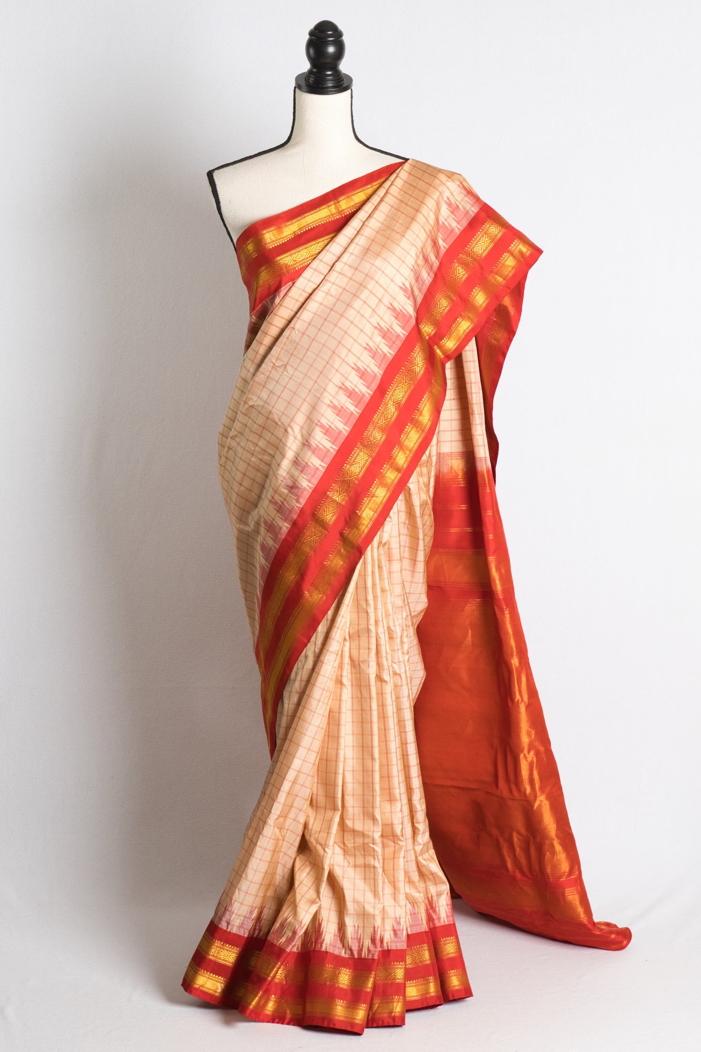 Gadwal Silk Checks Saree in Biscuit Brown and Reddish Orange.