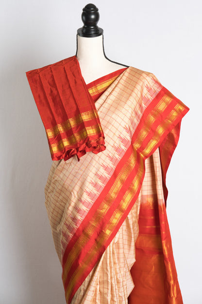 Gadwal Silk Checks Saree in Biscuit Brown and Reddish Orange.