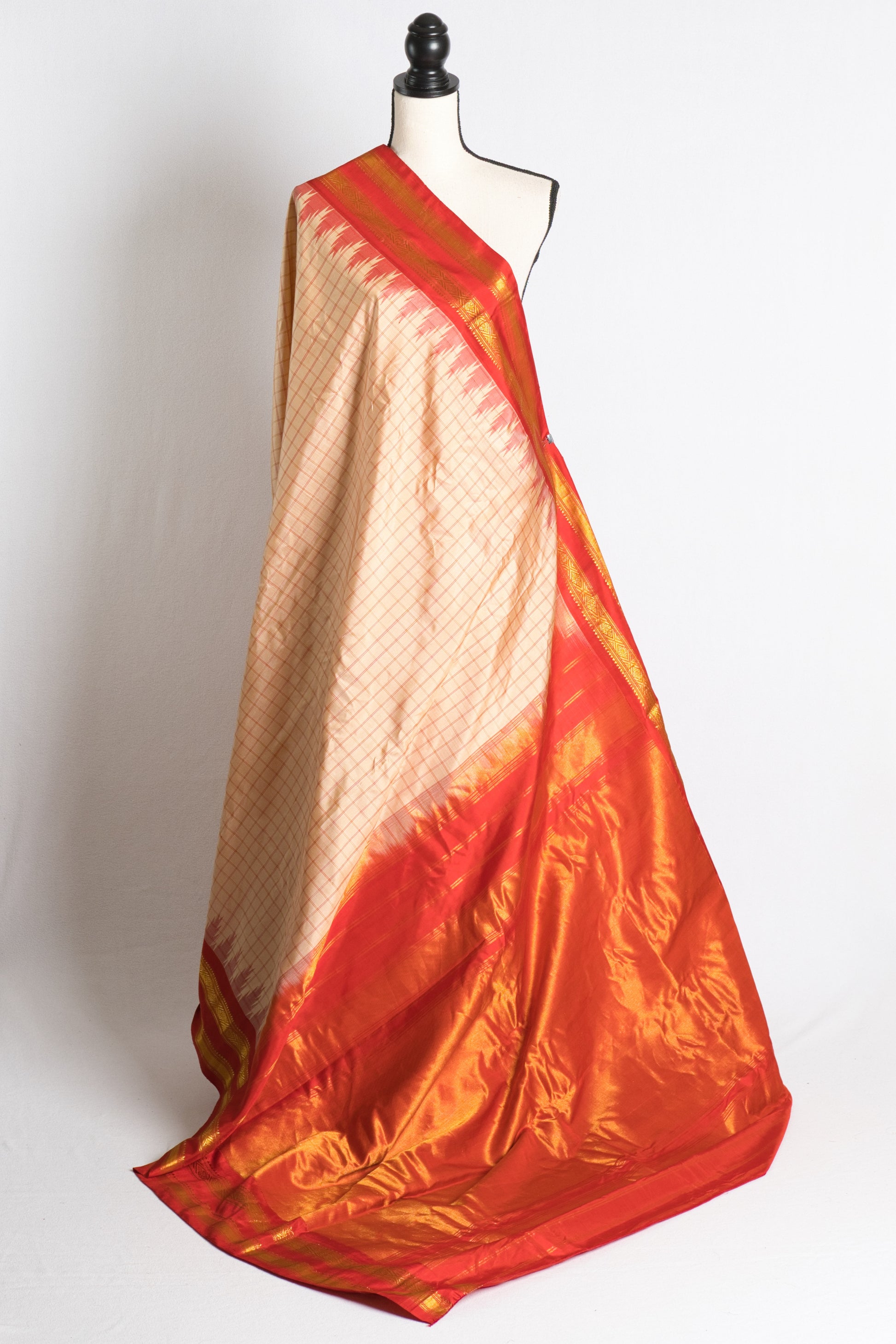 Gadwal Silk Checks Saree in Biscuit Brown and Reddish Orange.