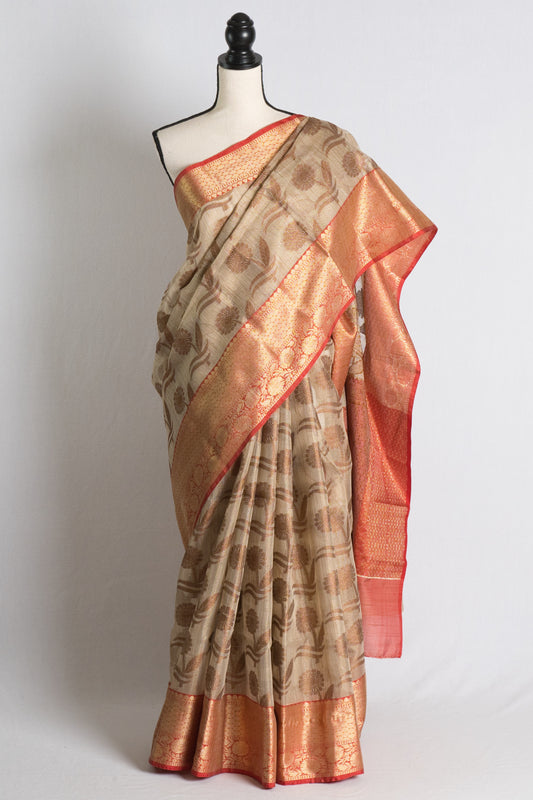 Zari Kota Banarasi Saree in Beige and Red.