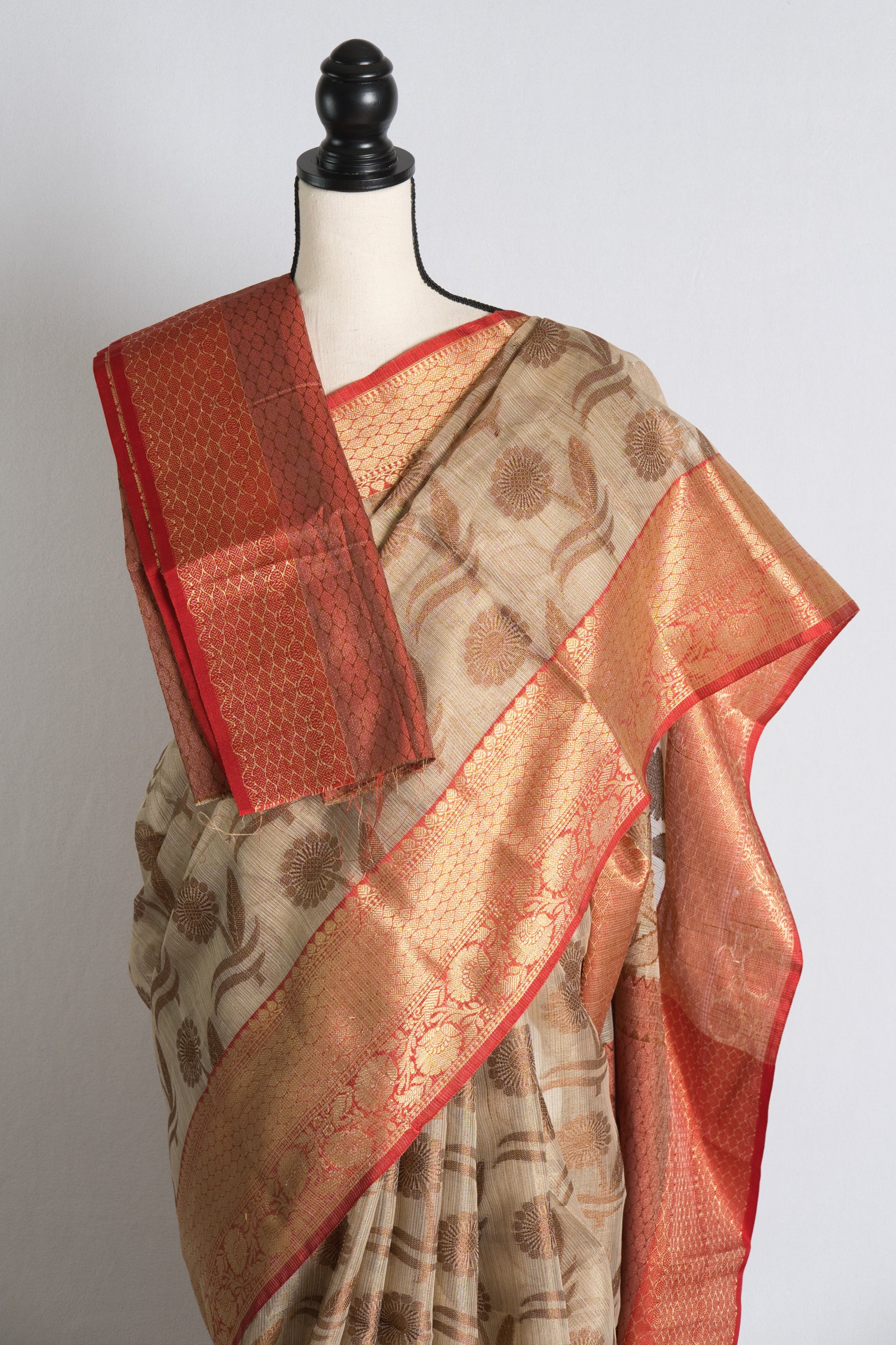 Zari Kota Banarasi Saree in Beige and Red.