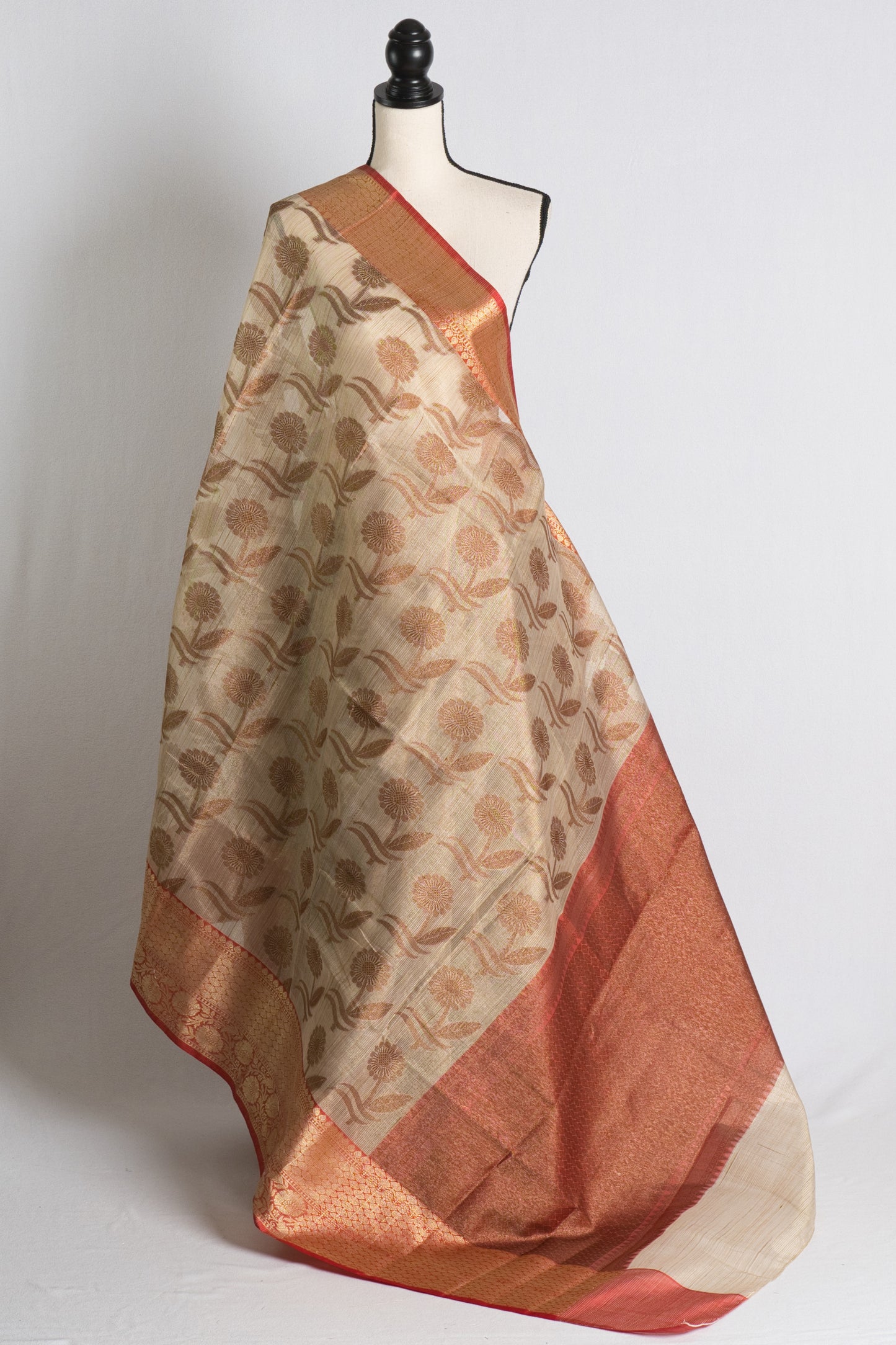 Zari Kota Banarasi Saree in Beige and Red.