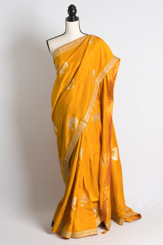 Turmeric Yellow Designer Dola Silk Saree.