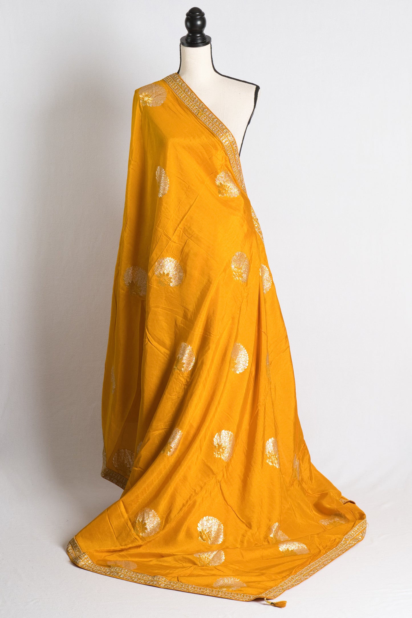 Turmeric Yellow Designer Dola Silk Saree.