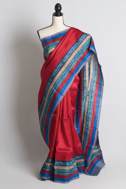 Printed Murshidabad Pure Silk Saree in Rosy Red and Blue.