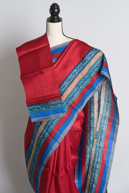 Printed Murshidabad Pure Silk Saree in Rosy Red and Blue.