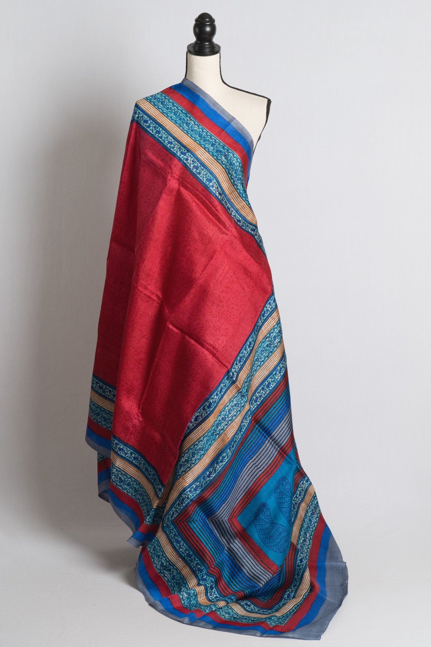 Printed Murshidabad Pure Silk Saree in Rosy Red and Blue.