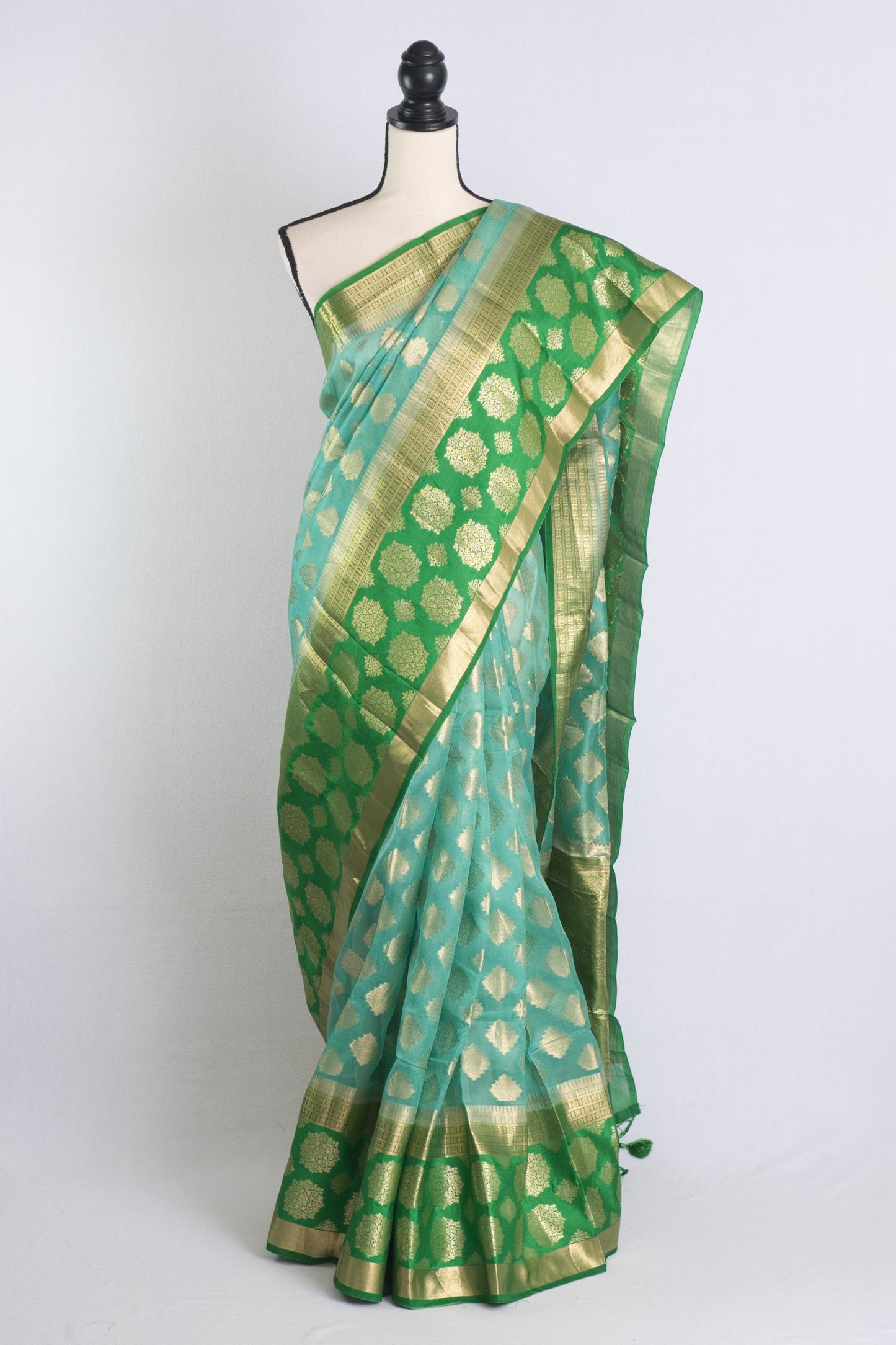 Silk Mark Certified Kora Silk Banarasi Saree in Light Blue, Green and Gold.