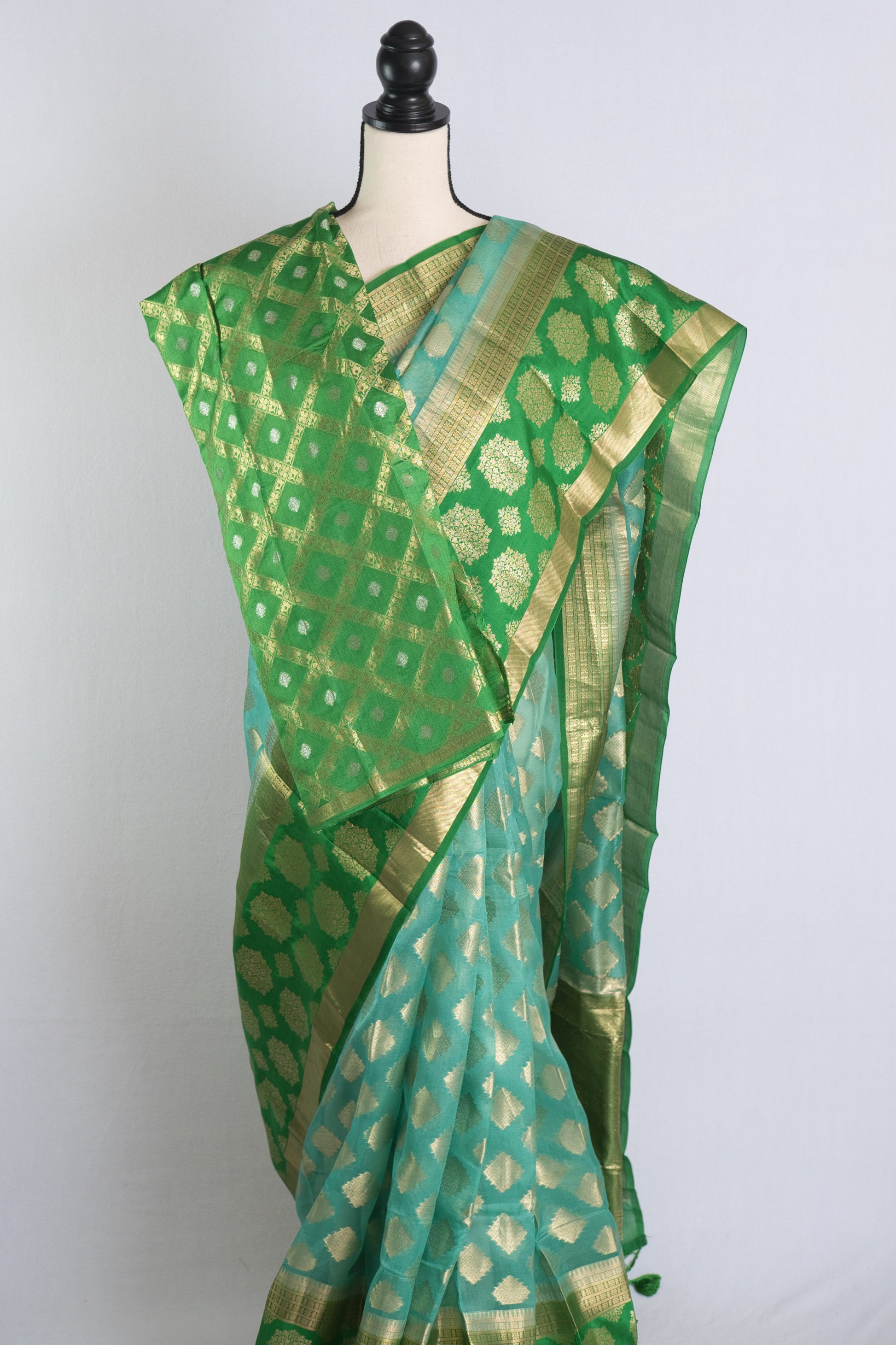 Silk Mark Certified Kora Silk Banarasi Saree in Light Blue, Green and Gold.