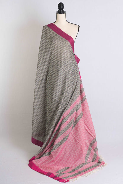 Exclusive Soft Cotton Saree with Woven Thread Work in Gray and Pink.