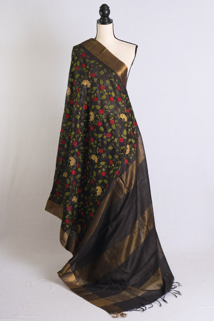 Semi Tussar Embroidery Saree in Black with Gold Border.