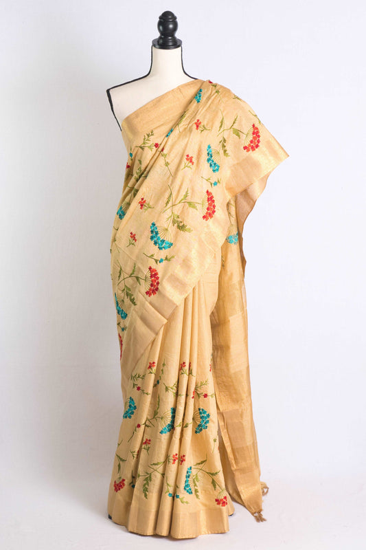 Semi Tussar Embroidery Saree in Beige with Gold Border.