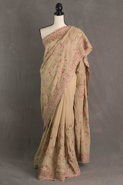 Embroidery Georgette Beige Designer Saree With Stones.