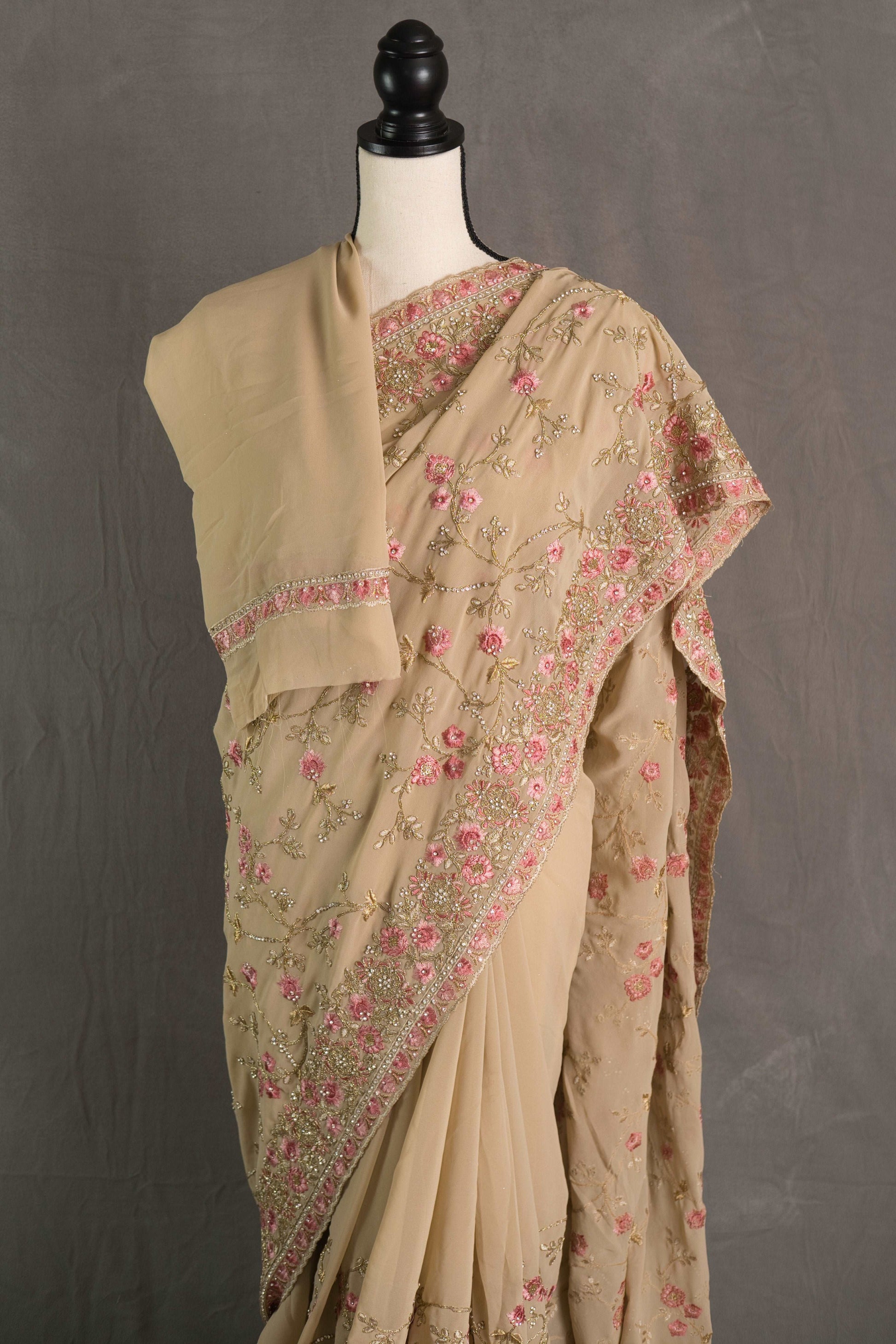 Embroidery Georgette Beige Designer Saree With Stones.