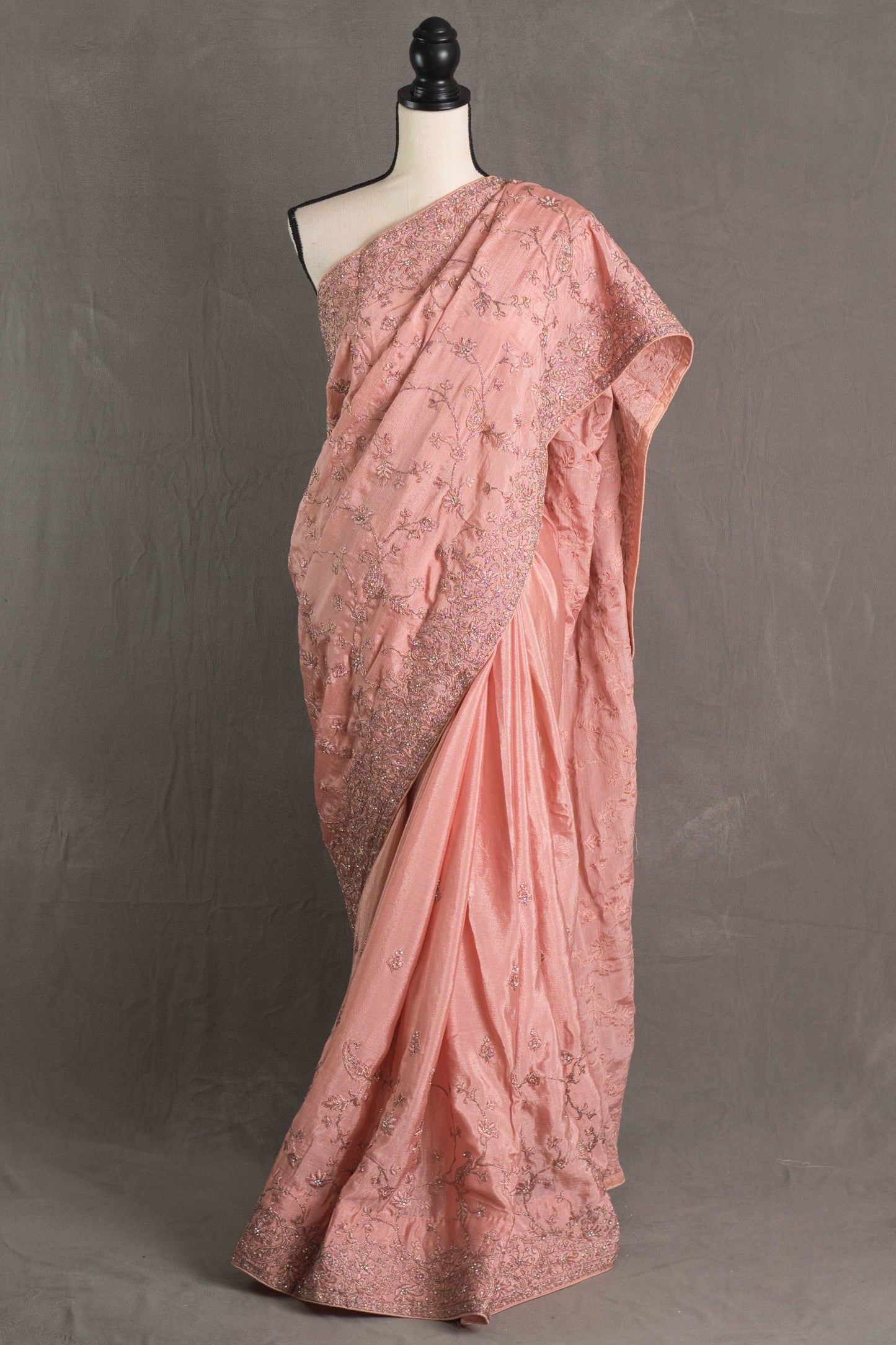 Pink Designer Saree with Embroidery in Crepe Silk.