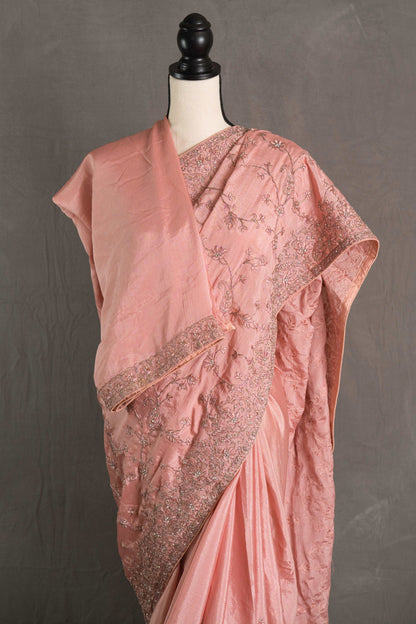 Pink Designer Saree with Embroidery in Crepe Silk.