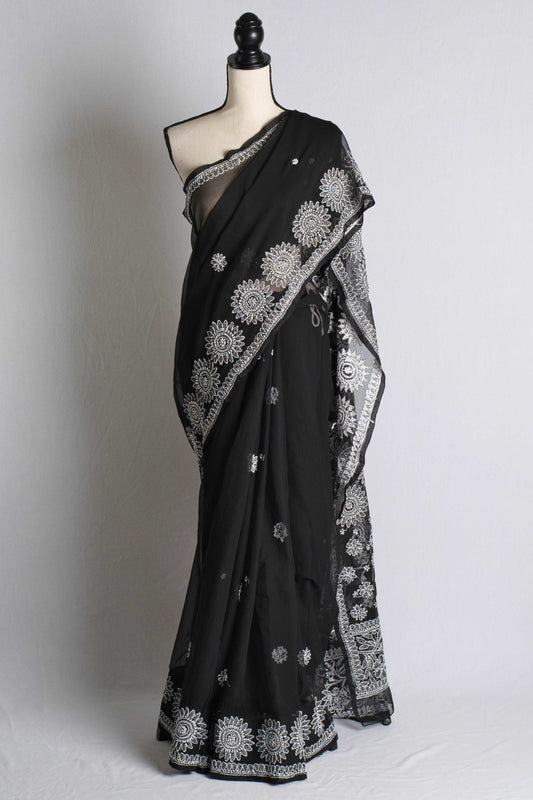 Hand Embroidery Chikankari Faux Georgette Saree in Black and White