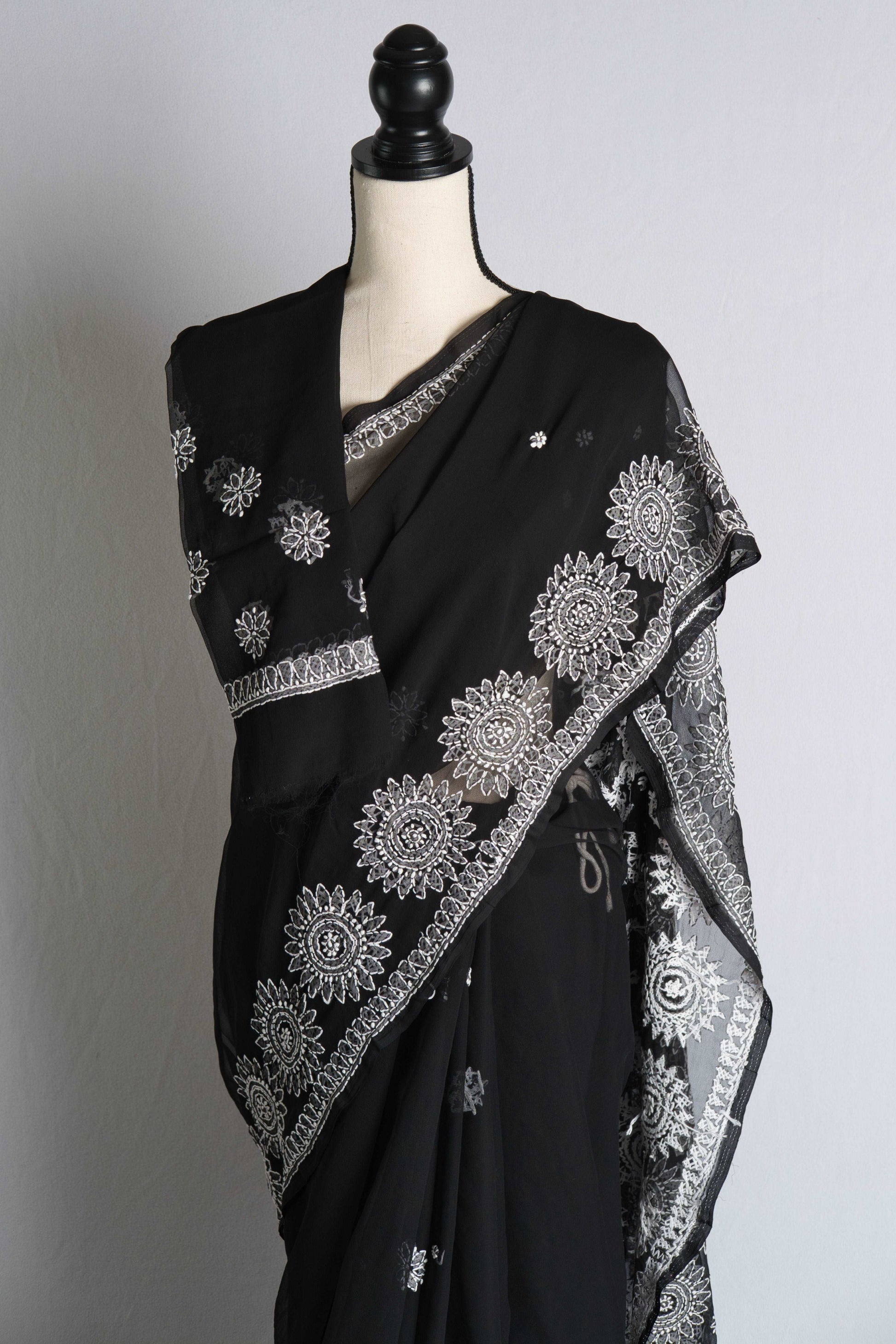 Hand Embroidery Chikankari Faux Georgette Saree in Black and White