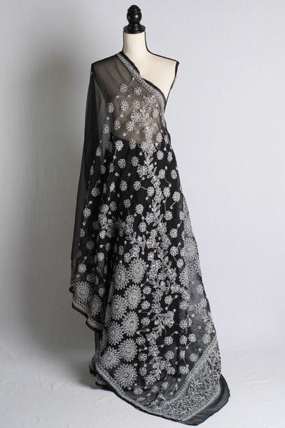 Hand Embroidery Chikankari Faux Georgette Saree in Black and White