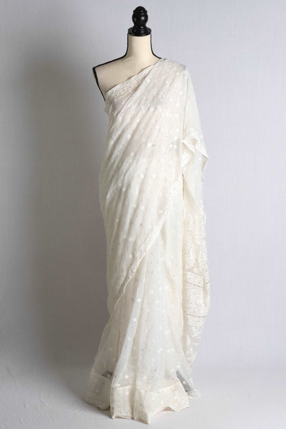 Hand Embroidery Chikankari Chiffon Saree with Resham Thread in Off White