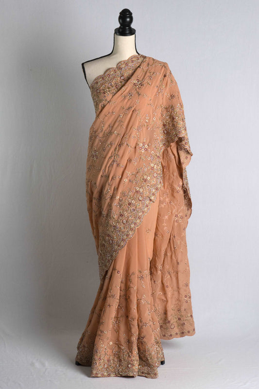 Brown Machine Embroidery Designer Georgette Saree