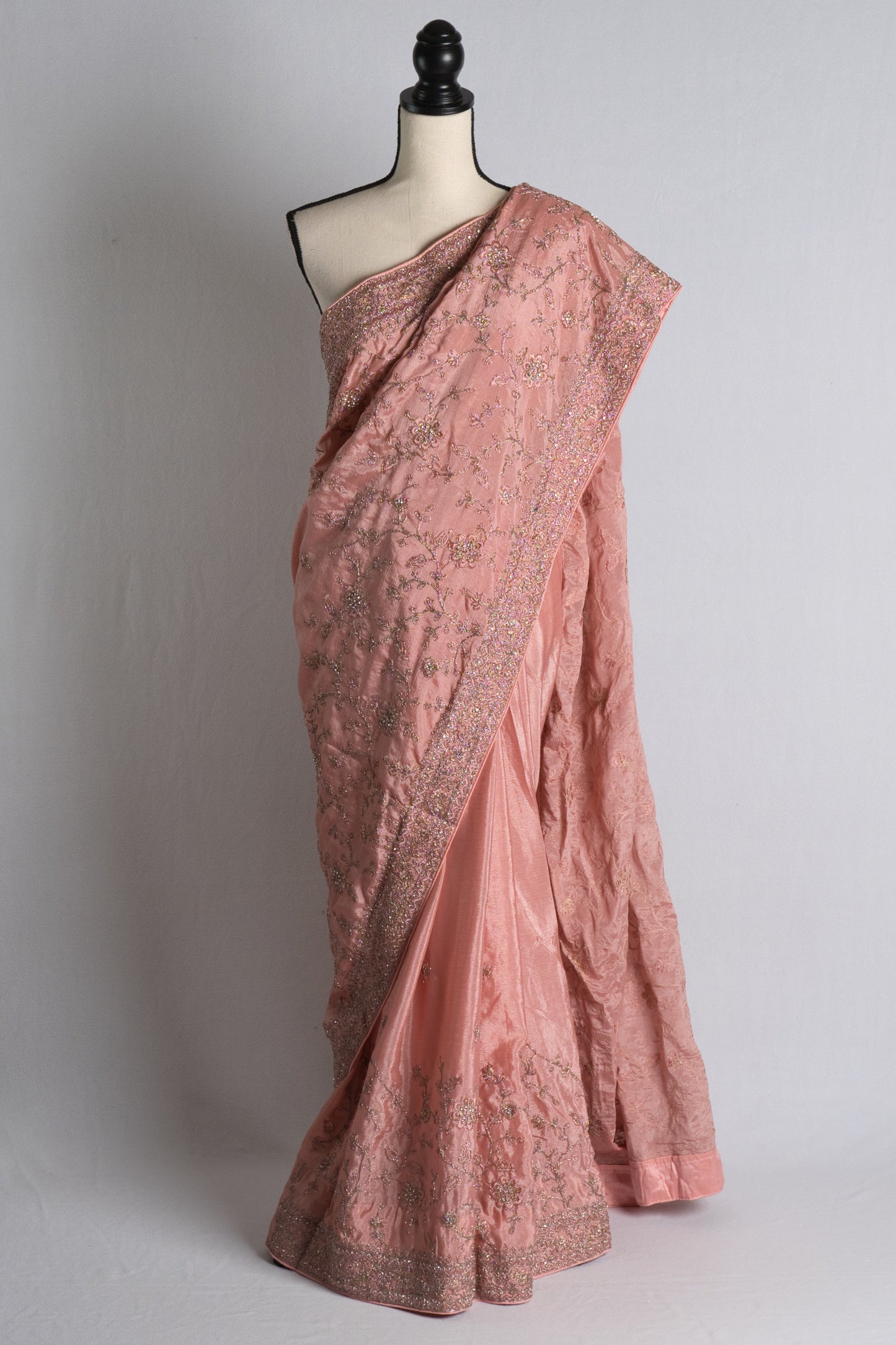 Zari Embroidery Chinon Silk Pink Designer Saree