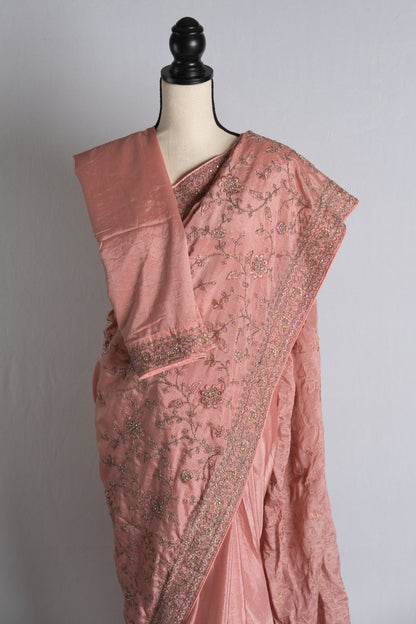 Zari Embroidery Chinon Silk Pink Designer Saree