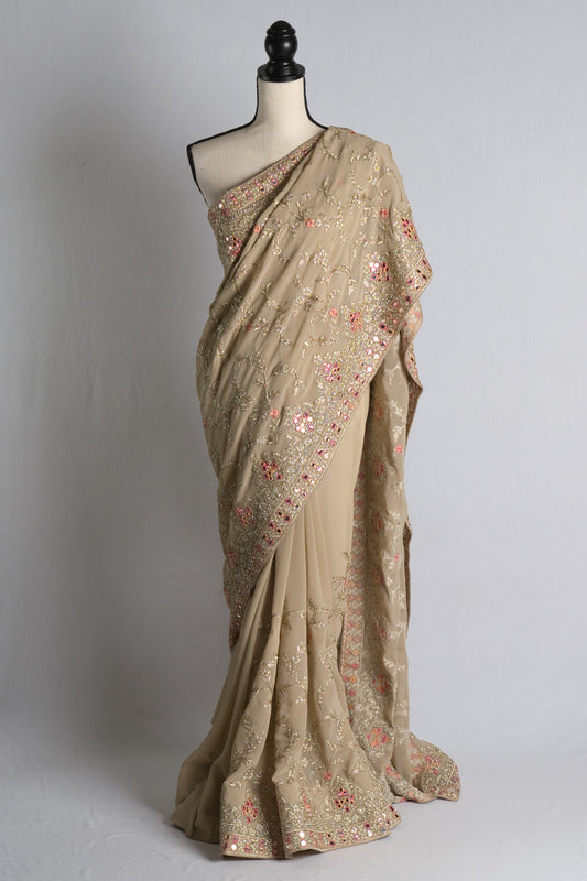 Stone Beige Machine Embroidery Georgette Designer Saree