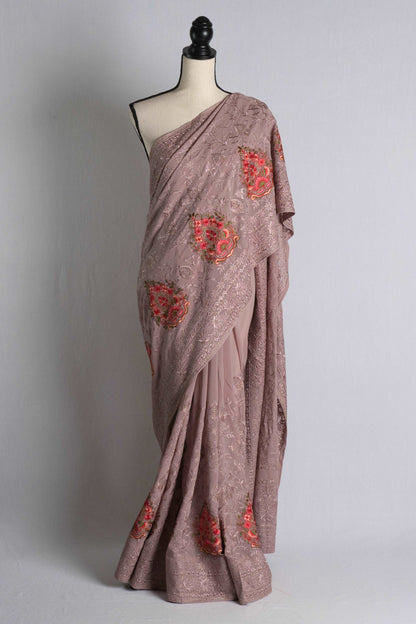 Partywear Kashmiri Embroidery Georgette Saree in Mauve