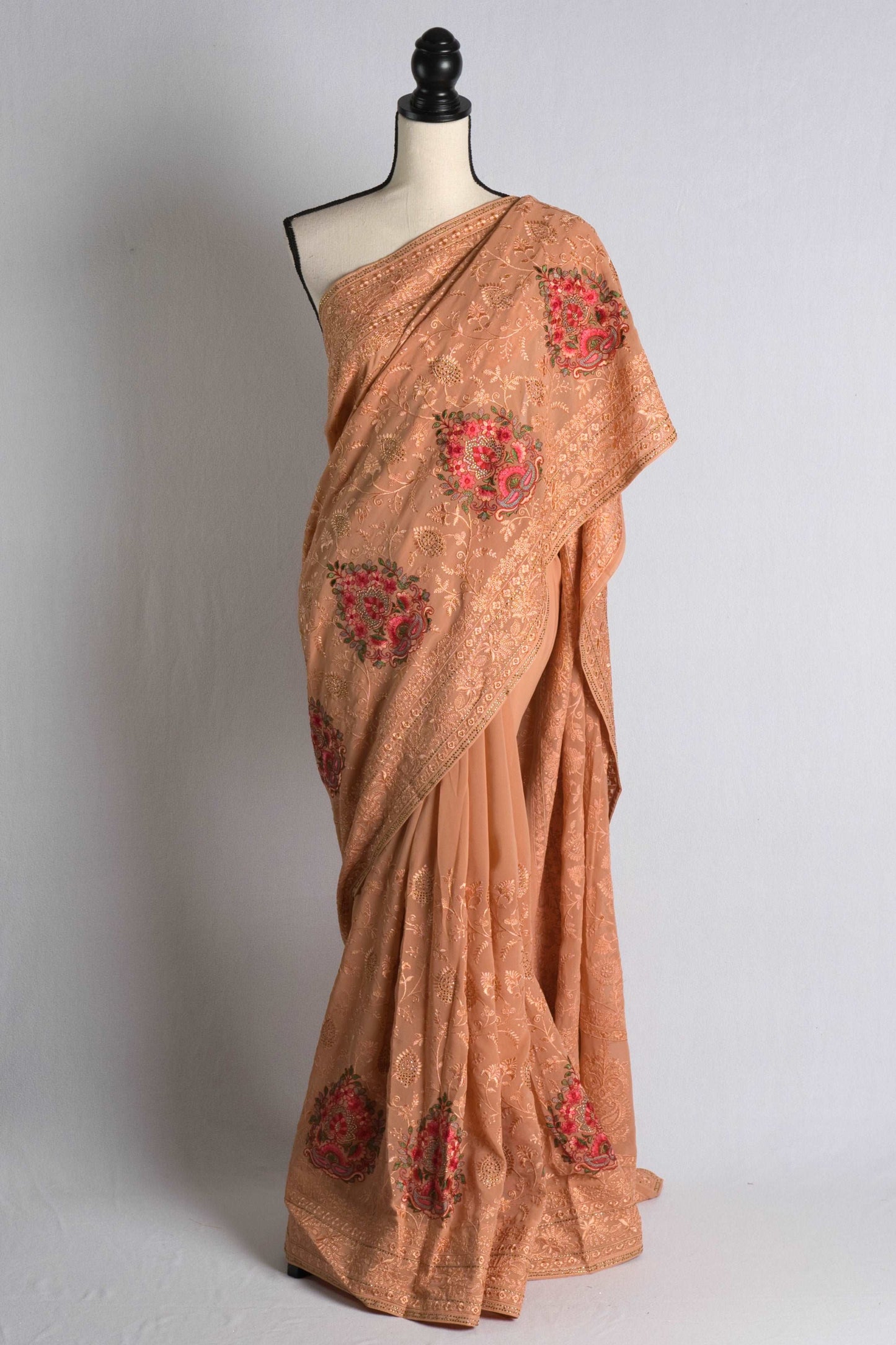 Partywear Kashmiri Embroidery Georgette Saree in Pastel Brown