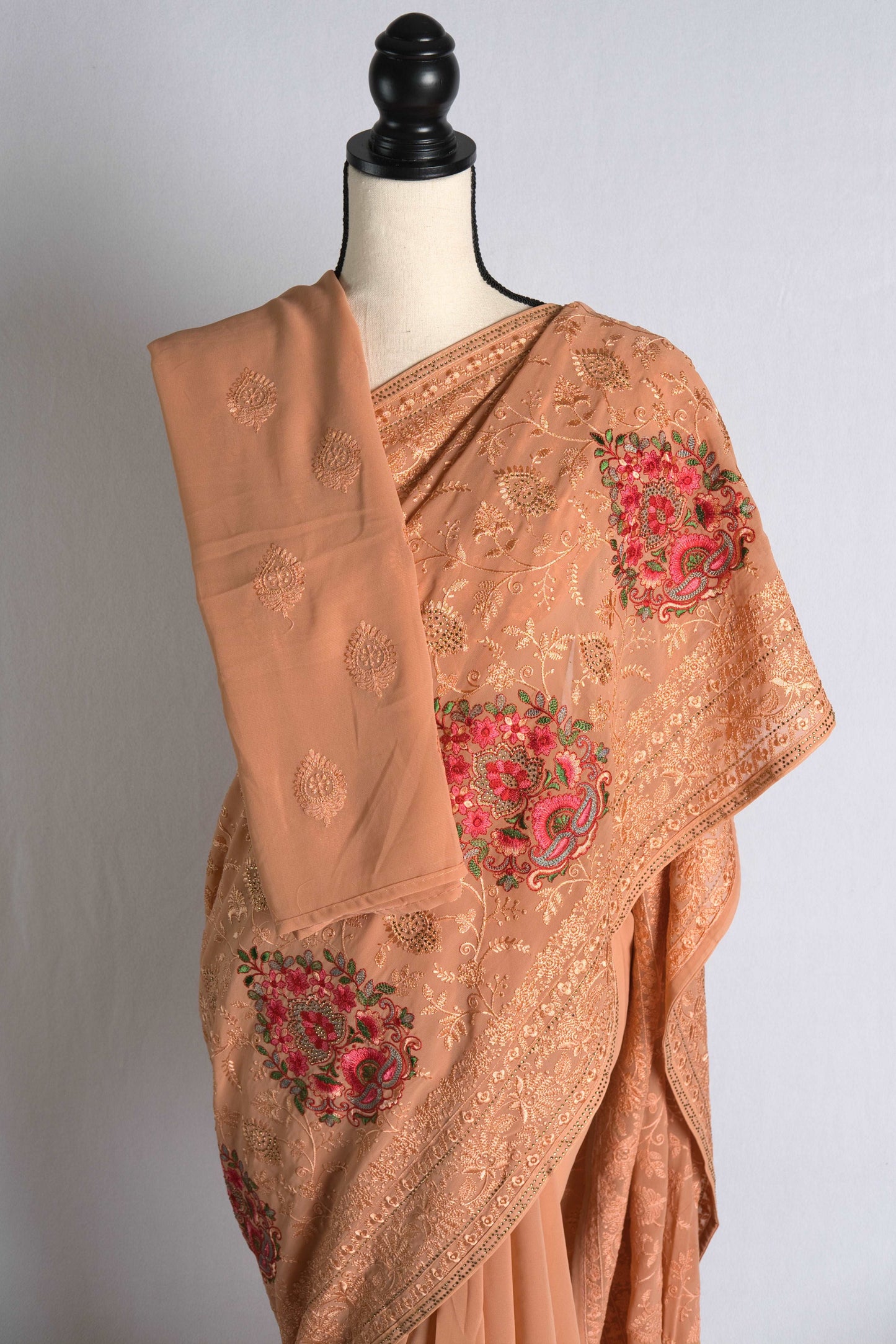 Partywear Kashmiri Embroidery Georgette Saree in Pastel Brown