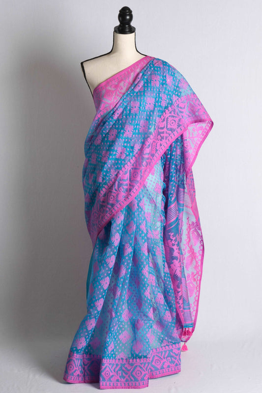 Minakari Soft Jamdani Saree in Blue and Pink