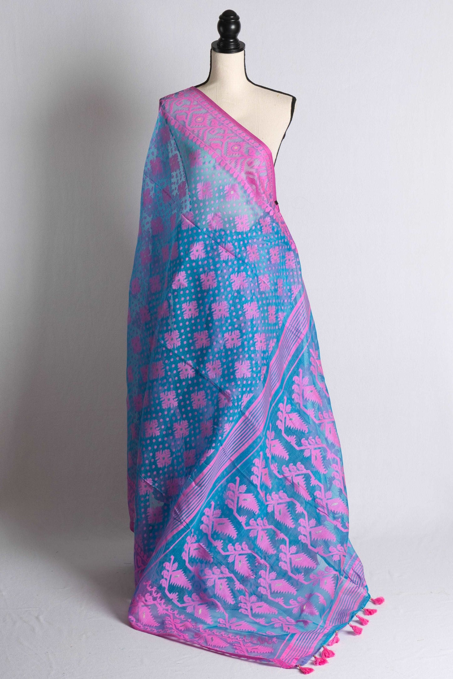 Minakari Soft Jamdani Saree in Blue and Pink