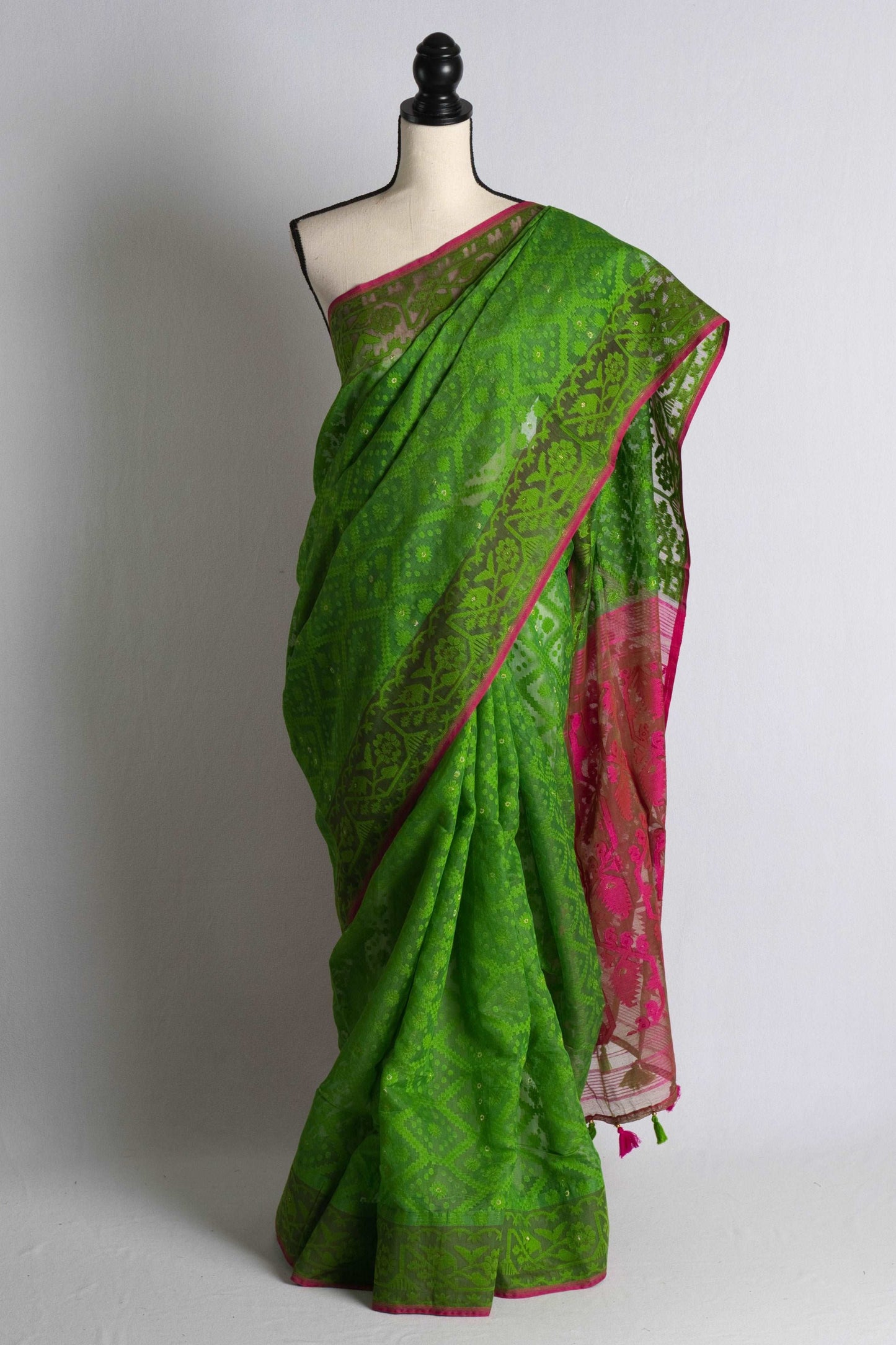 Minakari Soft Jamdani Saree in Parrot Green and Hot Pink