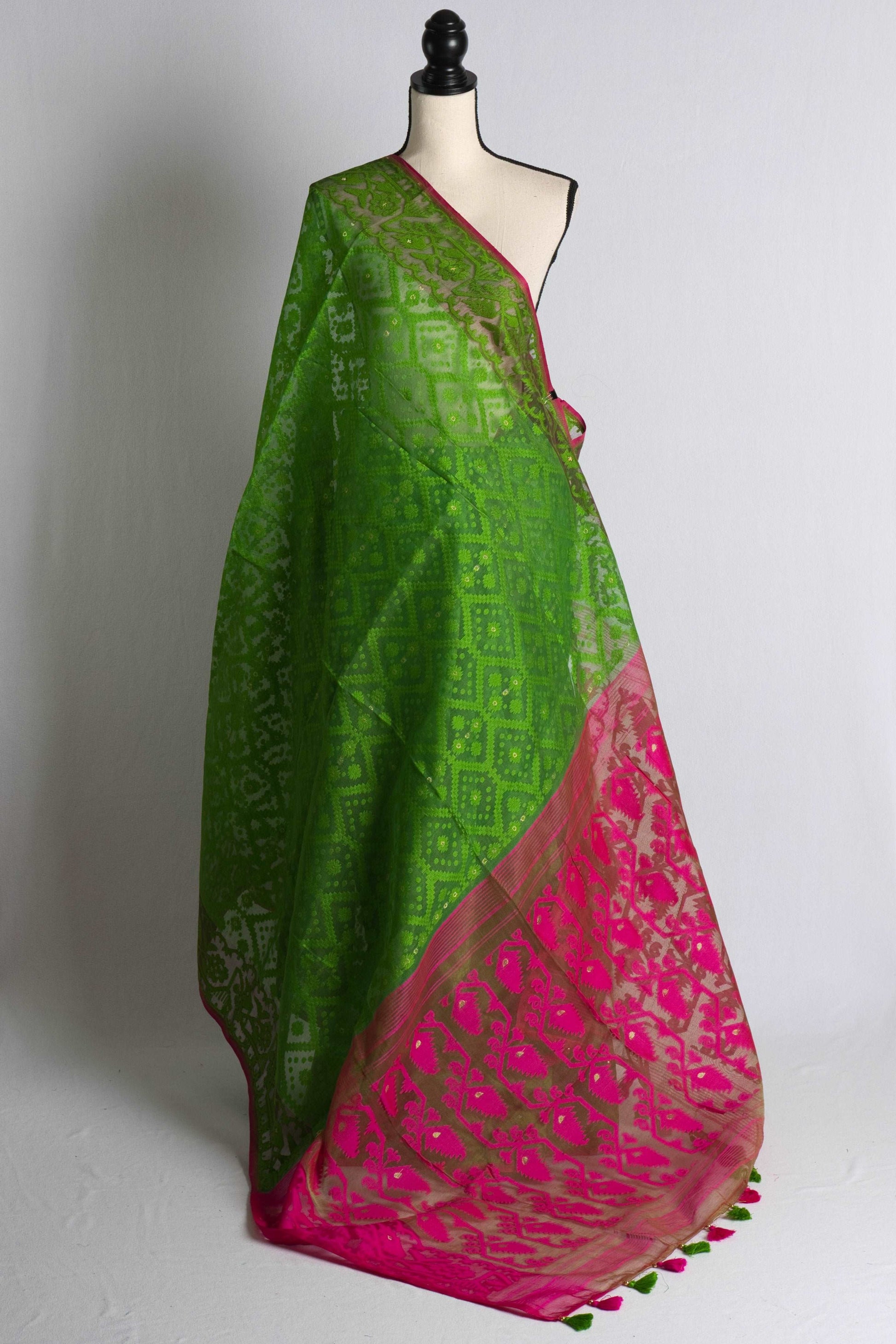 Minakari Soft Jamdani Saree in Parrot Green and Hot Pink