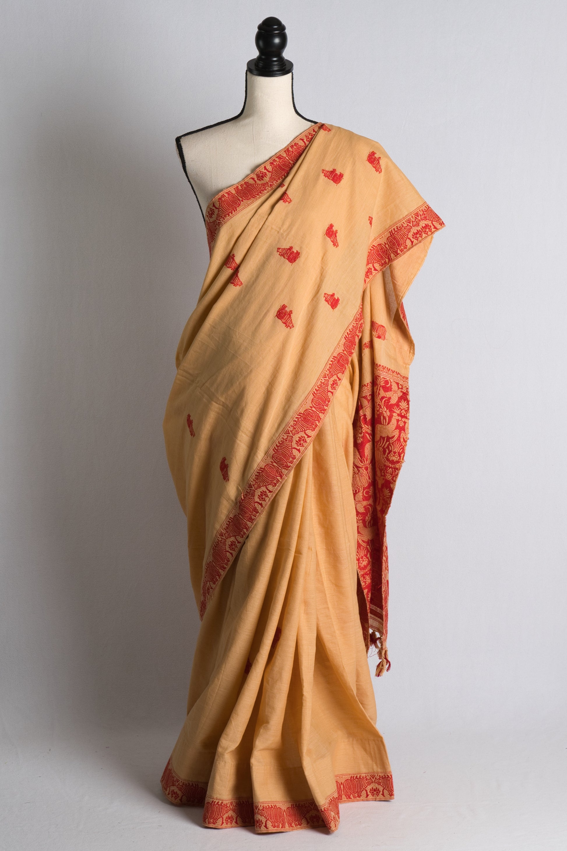 Soft Cotton Kaziranga Assam Saree in Light Brown and Red