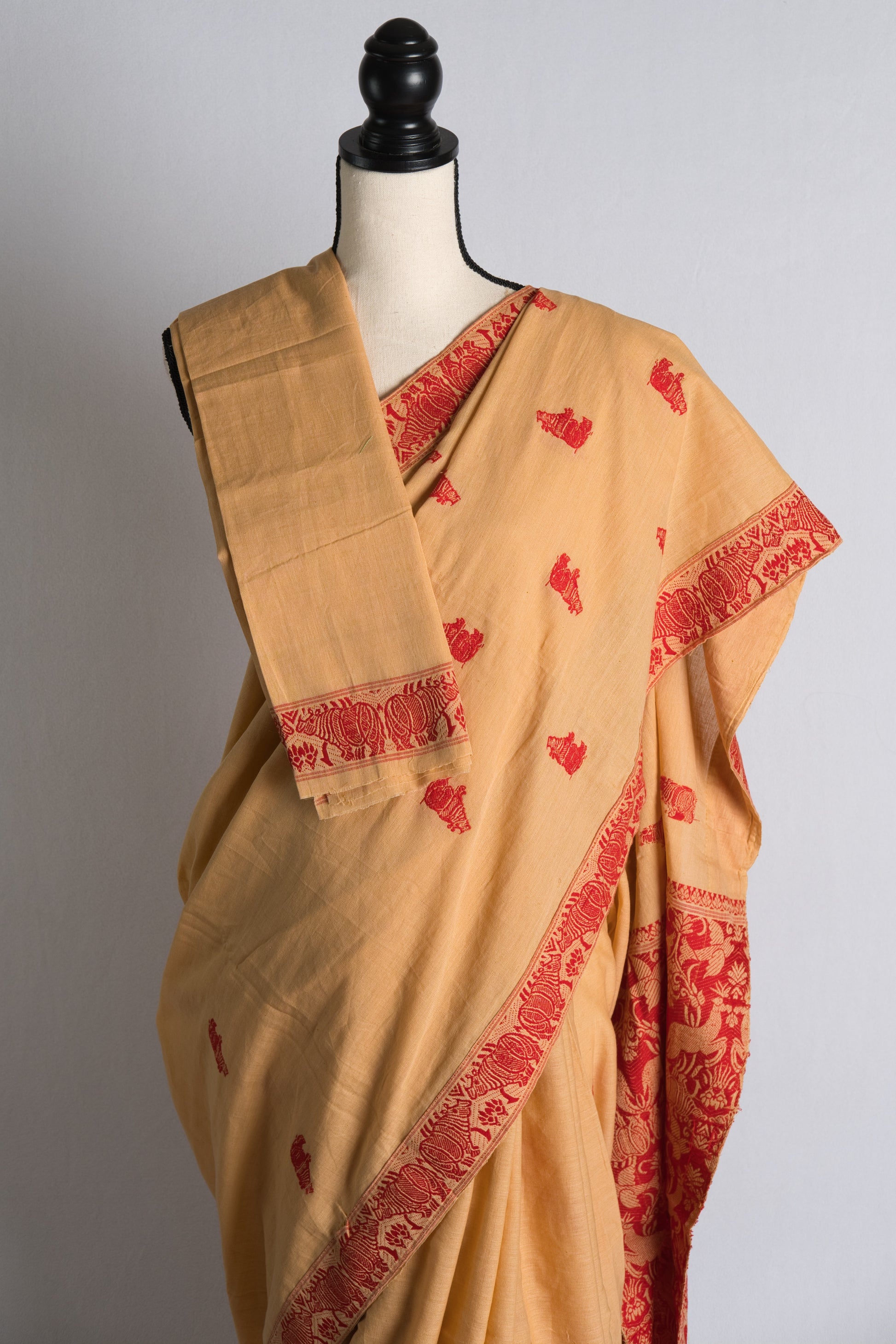 Soft Cotton Kaziranga Assam Saree in Light Brown and Red