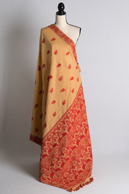 Soft Cotton Kaziranga Assam Saree in Light Brown and Red