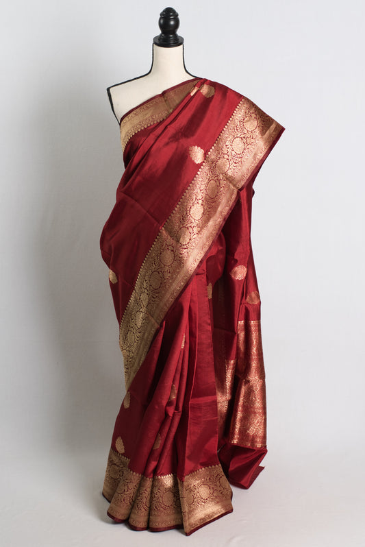 Silk Mark Certified Satin Katan Banarasi Saree in Chilli Red