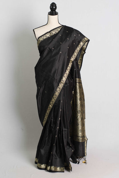 Katan Silk Black Banarasi Saree with Gold Resham Thread Border