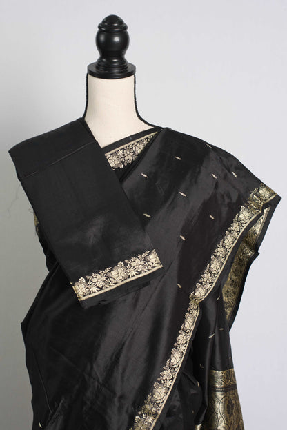 Katan Silk Black Banarasi Saree with Gold Resham Thread Border